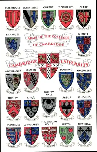 Studentika Wappen Ak Cambridge England, Cambridge University, Arms of the Colleges