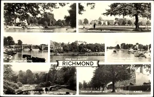 Ak Richmond Yorkshire England, Riverside Gardens, Richmond Green, Bridge, Star and Garter