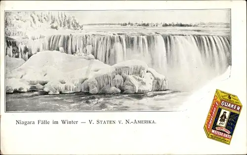 Ak Niagara Falls Ontario Kanada, Wasserfall im Winter, Reklame, Quaker Weisse Dats