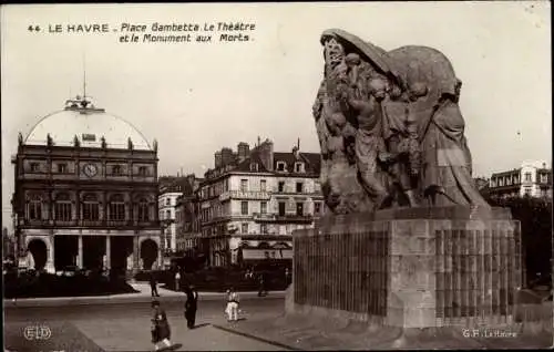 Ak Le Havre Seine Maritime, Place Gambetta, Le Theatre et le Monument aux Morts