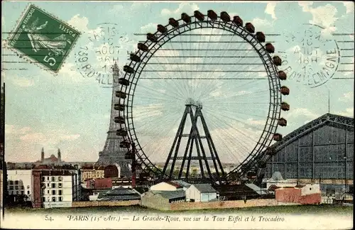 Ak Paris 15e, La grande Roue, vue sur la Tour Eiffel et le Trocadéro