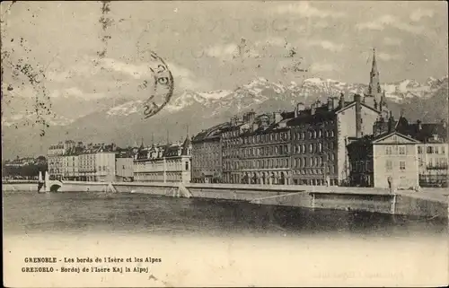 Ak Grenoble Isère, Les bords de I'Isere et les Alpes, Fluss, Panorama