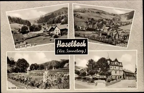 Passepartout Ak Haselbach Sonneberg in Thüringen, Teilansicht, Ortsplatz, Parkanlagen