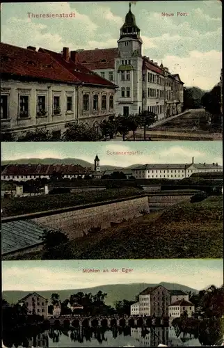 Ak Terezín Theresienstadt Region Aussig, Neue Post, Schanzenpartie, Mühlen a. d. Eger