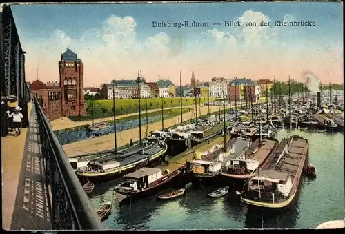 Ak Ruhrort Duisburg im Ruhrgebiet, Blick von der Rheinbrücke, Lastkähne