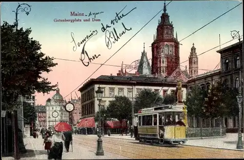 Ak Mainz in Rheinland Pfalz, Gutenbergplatz und Dom, Straßenbahn 38