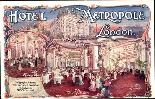 Litho London City England, Hotel Metropole, the Reading Room, Dining Saloon, the Lounge