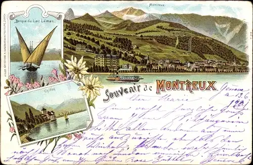 Litho Montreux Kanton Waadt Schweiz, Chillon, Barque du Lac Léman, Panorama