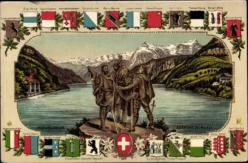 Wappen Litho Rütli Seelisberg Kanton Uri, Rütlischwur, Nationalmythos der Schweiz, Panorama