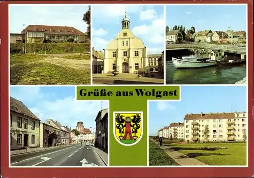 Ak Wolgast in Mecklenburg Vorpommern, Wappen, Rathaus, Straße der Befreiung, Brücke, Schiff