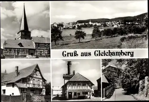 Ak Gleichamberg Römhild in Thüringen, Kirche, Panorama, Haus mit Turm