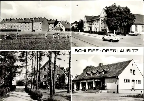 Ak Schleife Oberlausitz, Glückauf Siedlung, Konsum Gaststätte, Schule, Konsum Landwarenhaus