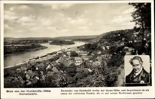 Ak Vallendar am Rhein, Blick von der Humboldts-Höhe rheinabwärts, Alexander von Humboldt