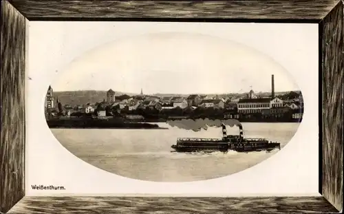 Passepartout Ak Weißenthurm am Rhein, Ortsansicht über den Rhein, Dampfschiff