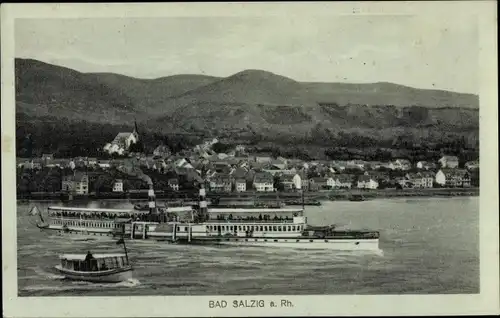 Mondschein Ak Bad Salzig Boppard am Rhein, Ortsansicht über den Rhein, Dampfschiff, Motorboot