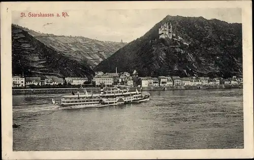 Ak Sankt Goarshausen am Rhein, Burg Katz, Ortsansicht, Dampfschiff