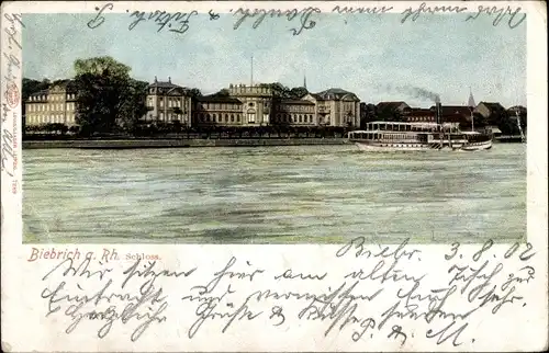 Ak Biebrich am Rhein Wiesbaden Hessen, Blick über Wasser zum Schloss, Fähre