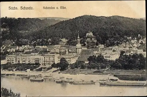 Ak Bad Schandau Sächsische Schweiz, Landschaftsansicht, Kirche, Frachtschiffe, Passagierschiffe