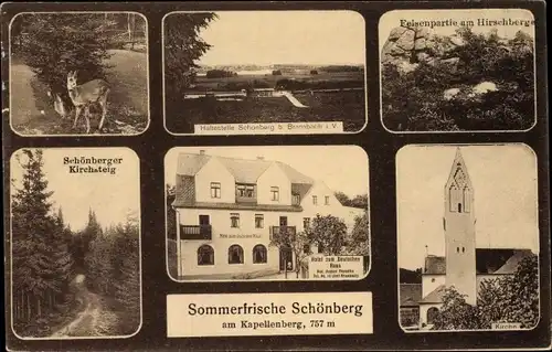 Ak Schönberg am Kapellenberg Bad Brambach im Vogtland, Kirche, Kirchsteig,Felsenpartie am Hirschberg