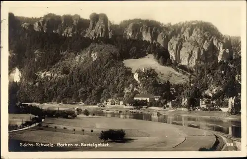 Ak Rathen an der Elbe Sächsische Schweiz, Panorama mit Basteigebiet