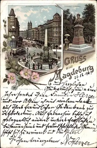 Litho Magdeburg an der Elbe, Hasselbachplatz, Friesen Denkmal