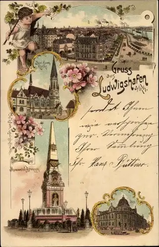 Litho Ludwigshafen am Rhein, Monumental Brunnen, Post, Kirche, Stadt