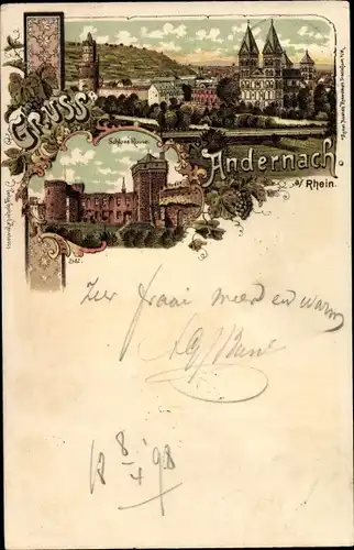 Litho Andernach am Rhein, Blick auf den Ort, Schlossruine
