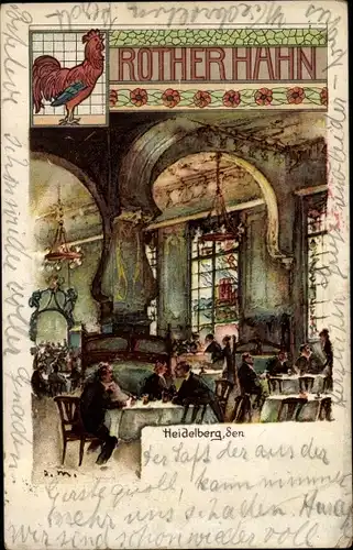 Künstler Litho Heidelberg am Neckar, Gasthaus Roter Hahn, Innenansicht