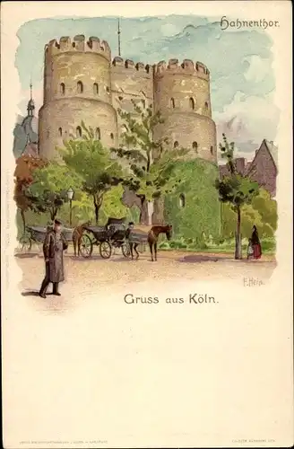 Künstler Litho Franz Hein, Köln am Rhein, Blick zum Hahnentor, Kutsche