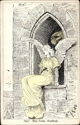 Künstler Ak Kaulbach, H., Ave, singender Engel in einem Fenster sitzend, Glocke