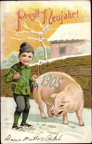 Ak Glückwunsch Neujahr, Kind malt Jahreszahl 1905 auf ein Schwein