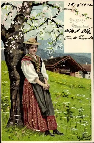 Künstler Litho Mailick, Glückwunsch Pfingsten, Junge Frau am Baum, Tracht