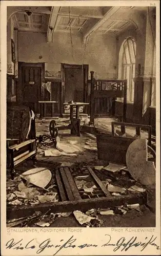 Ak Nesterow Stallupönen Ostpreußen, Konditorei Rohde, Zerstörtes Gebäude