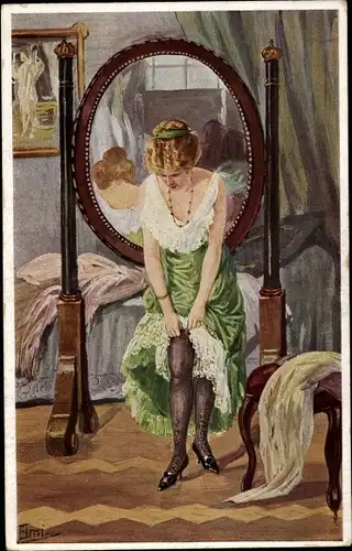 Künstler Ak "Elmi - Das Strumpfband", Frau vor einem Spiegel zieht ihren Strumpf an