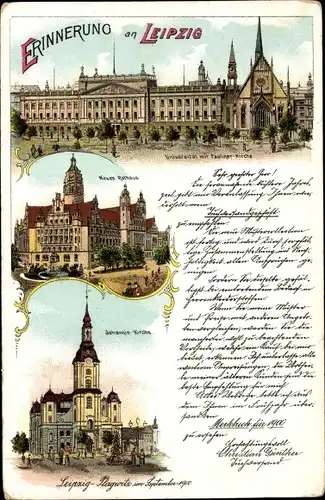 Litho Leipzig in Sachsen, Neues Rathaus, Johannis Kirche, Universität mit Pauliner Kirche