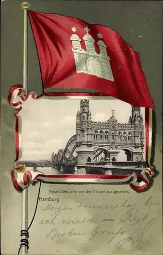 Passepartout Wappen Ak Hamburg Mitte Altstadt, Neue Elbbrücke von der Veddel aus gesehen