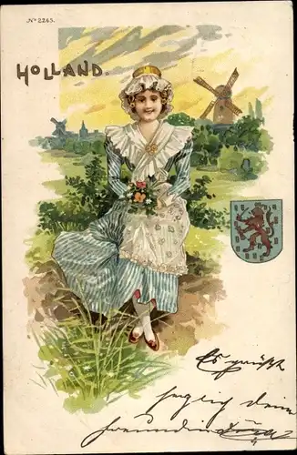 Wappen Litho Holland, Junge Frau in Holländischer Tracht, Windmühle