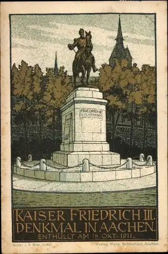 Litho Aachen in Nordrhein Westfalen, Kaiser Friedrich III Denkmal, enthüllt am 18. Oktober 1911
