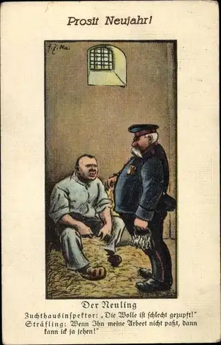 Künstler Ak Zille, Heinrich, Glückwunsch Neujahr, der Neuling, Sträfling, Zuchthausinspektor