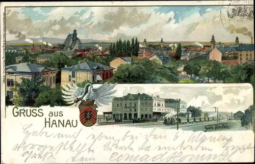 Litho Hanau am Main, Bahnhof, Gleisseite, Gesamtansicht