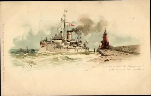 Künstler Litho Bohrdt, Hans, Swinemünde, Deutsches Kriegsschiff, SMS Siegfried, Panzerschiff