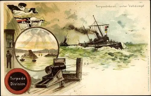 Künstler Litho Deutsches Kriegsschiff, Torpedoboote unter Volldampf, Kaiserliche Marine