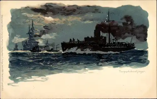 Mondschein Künstler Litho Torpedobootjäger, deutsches Kriegsschiff