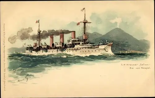 Künstler Litho Bohrdt, Hans, Napoli Neapel Campania, Deutsches Kriegsschiff, SMS Gefion, Kreuzer