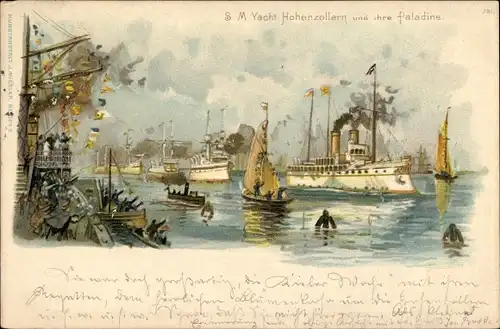 Litho Kiel, S. M. Yacht Hohenzollern und ihre Paladine