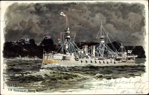 Künstler Litho S. M. Panzerschiff König Wilhelm bei Sturm, Kaiserliche Marine