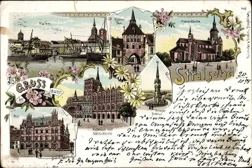 Litho Stralsund in Vorpommern, Marienkirche, Hafen, Post, Rathaus und Nikolaikirche, Kriegerdenkmal