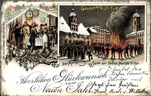 Litho Jena in Thüringen, Gaudeamus Igitur, Marktplatz am 31 Dezember Mitternacht, Feuer