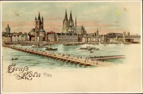 Litho Köln am Rhein, Rheinansicht, Brücke, Dom