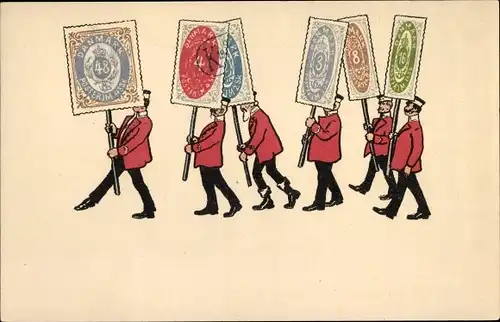 Briefmarken Ak Männer tragen Briefmarken-Plakate, Dänemark, Postgeschichte